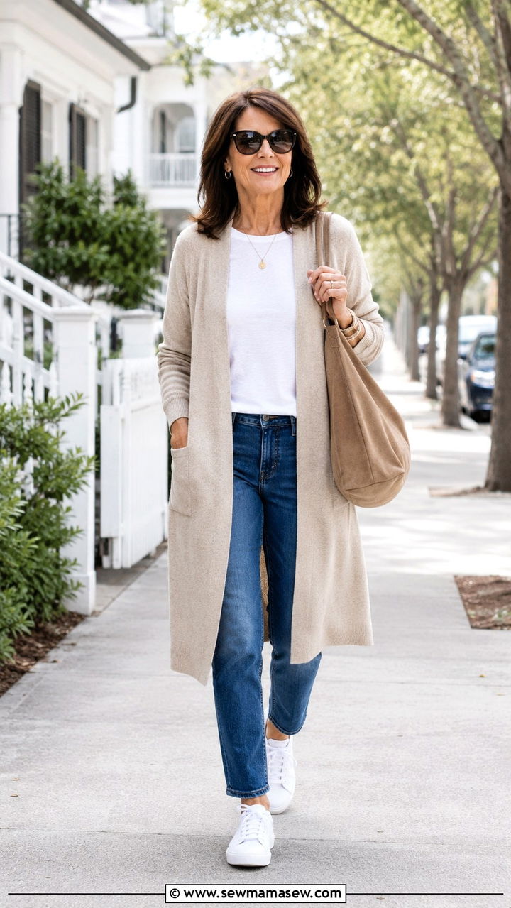 How to style white sneakers with a long cardigan and jeans - 20 How to style white sneakers over 50