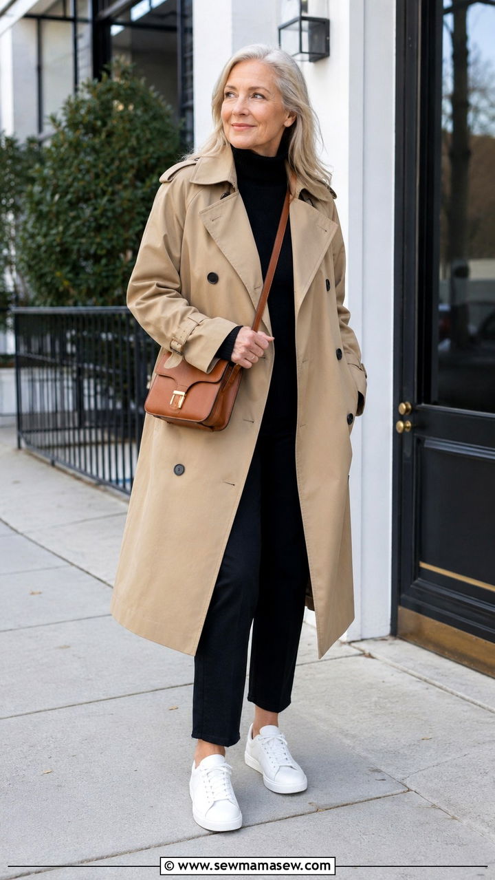 How to style white sneakers with a trench coat - 20 How to style white sneakers over 50