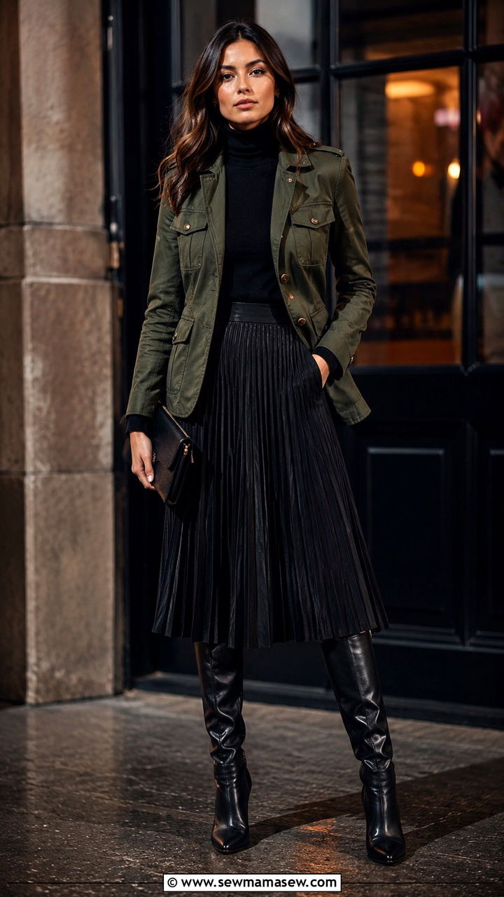 How to wear a military jacket with a pleated skirt - 30 how to style jacket outfits