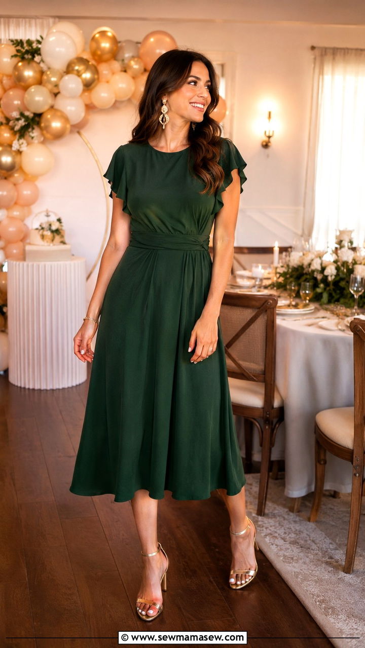 Hunter Green Midi Dress with Gold Jewelry - 25 Baby shower outfit ideas hostess