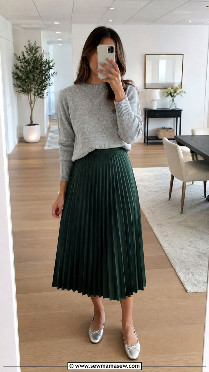 Hunter Green Pleated Midi Skirt with Gray Sweater and Silver Flats - 30 Green outfit ideas for work