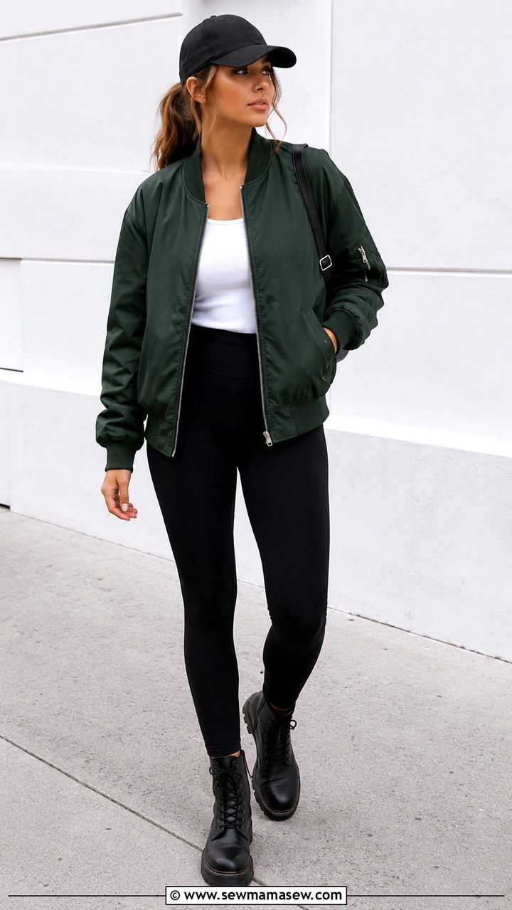 Hunter green bomber jacket with black leggings and combat boots - 35 Hunter green outfit ideas