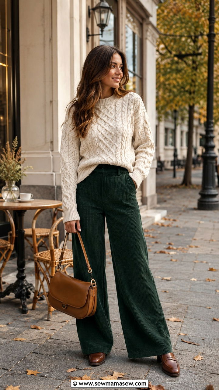 Hunter green corduroy trousers with cream cable knit sweater - 35 Hunter green outfit ideas