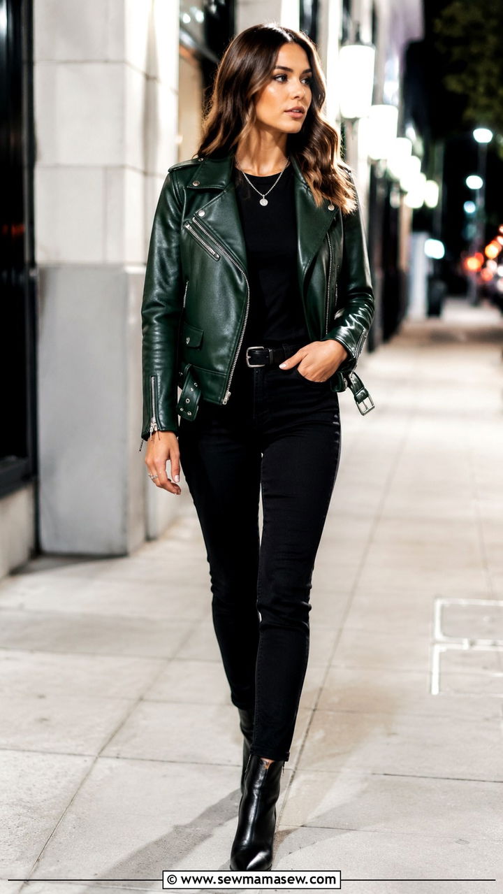 Hunter green leather jacket with black skinny jeans and ankle boots - 35 Hunter green outfit ideas