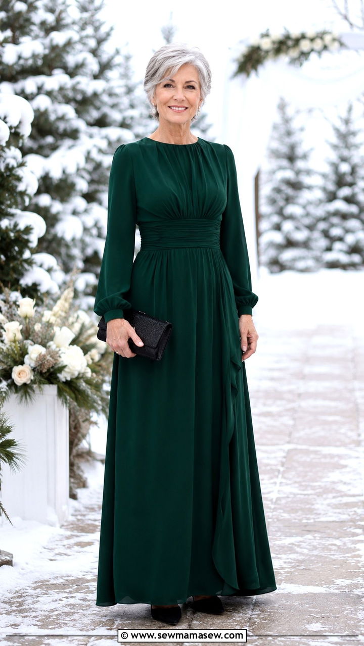 Hunter green long sleeve maxi dress with black clutch - 25 Wedding guest outfit ideas for 60 year old