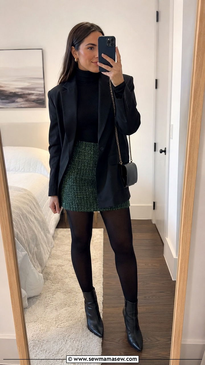 Hunter green mini skirt with black turtleneck and opaque tights - 35 Hunter green outfit ideas