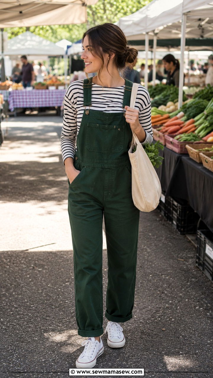 Hunter green overalls with striped long sleeve tee and white sneakers - 35 Hunter green outfit ideas