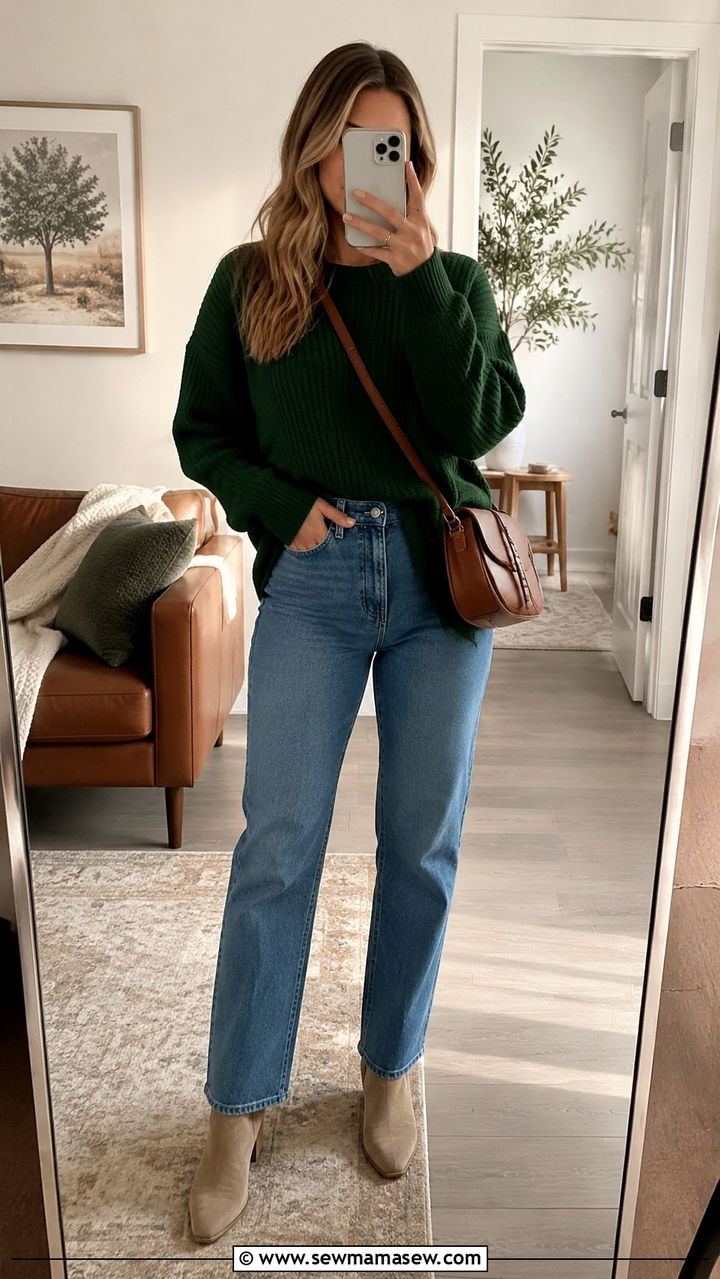 Hunter green oversized sweater with straight leg jeans and ankle boots - 35 Hunter green outfit ideas