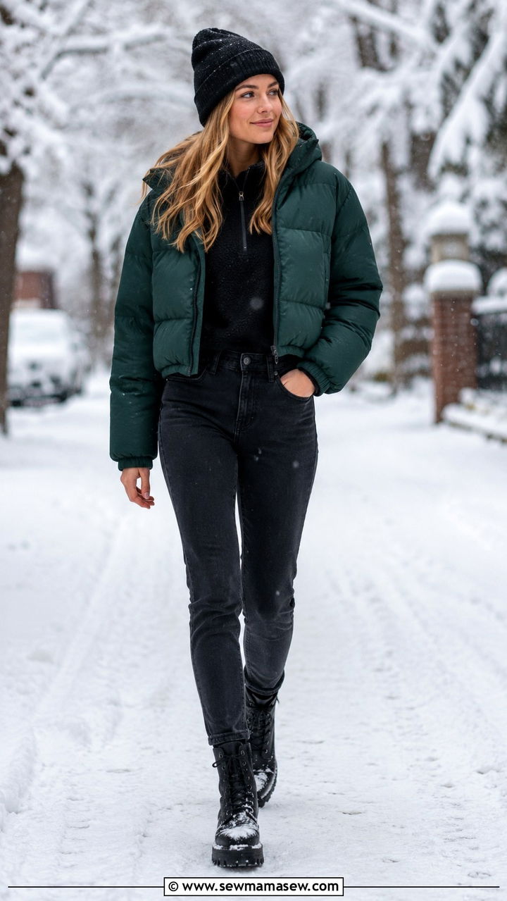 Hunter green puffer coat with black jeans and lug sole snow boots - 35 Hunter green outfit ideas
