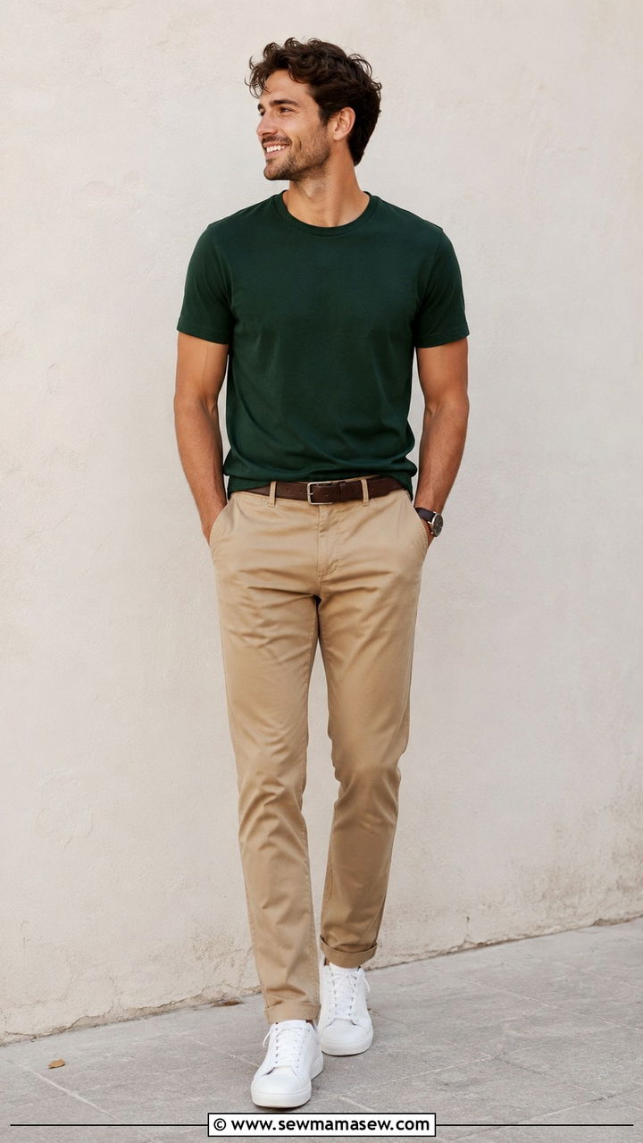 Hunter green short sleeve tee with khaki chinos and white sneakers - 35 Hunter green outfit ideas