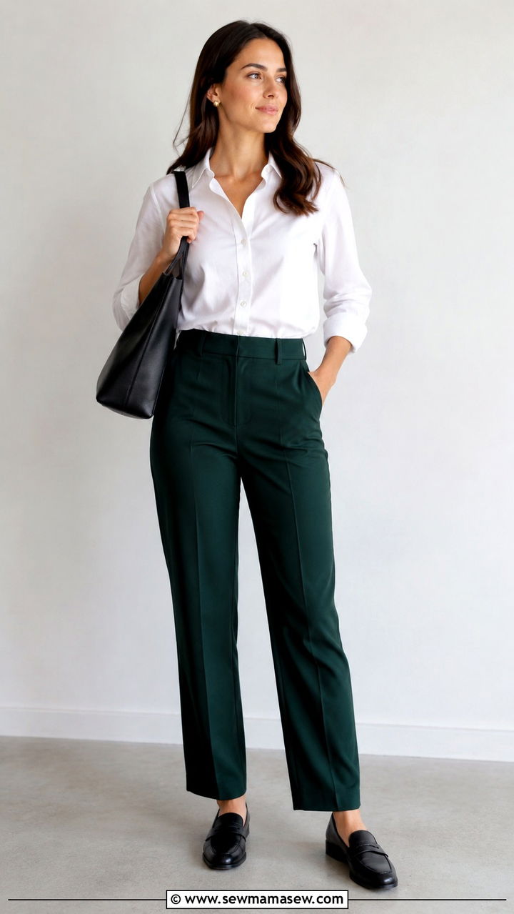 Hunter green tailored trousers with white button down and loafers - 35 Hunter green outfit ideas