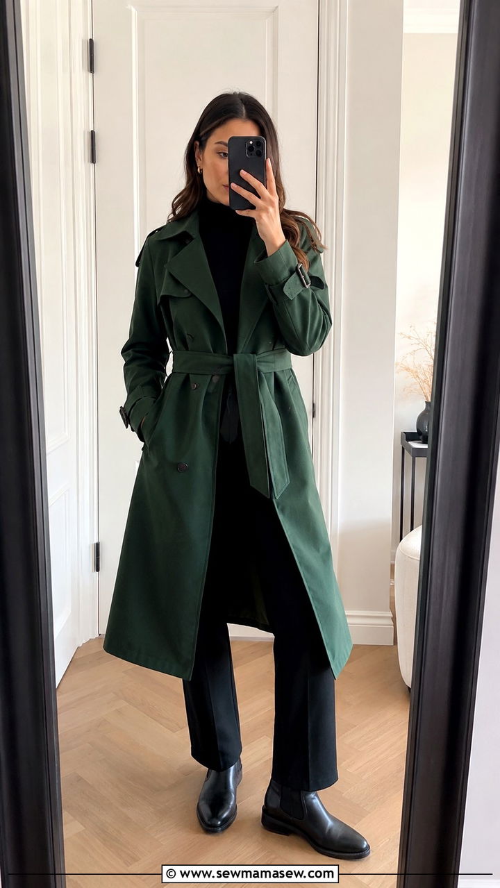 Hunter green trench coat over an all black base outfit - 35 Hunter green outfit ideas