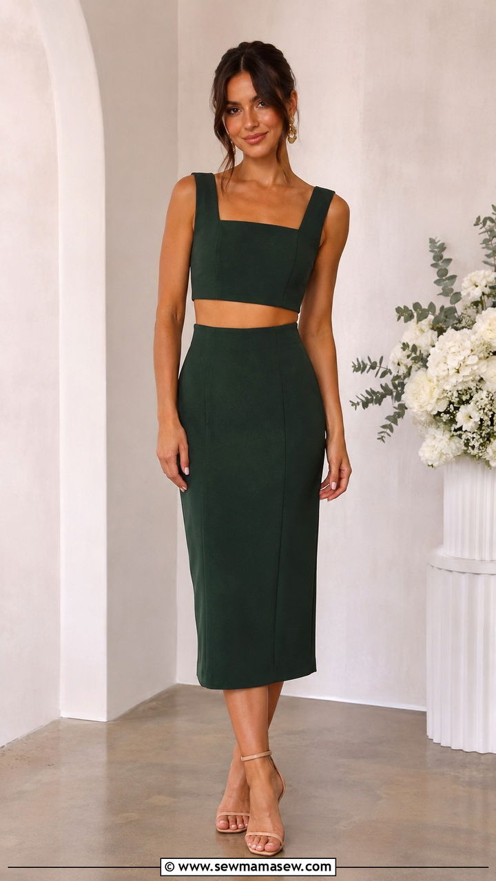 Hunter green two piece matching set with nude heels - 35 Hunter green outfit ideas