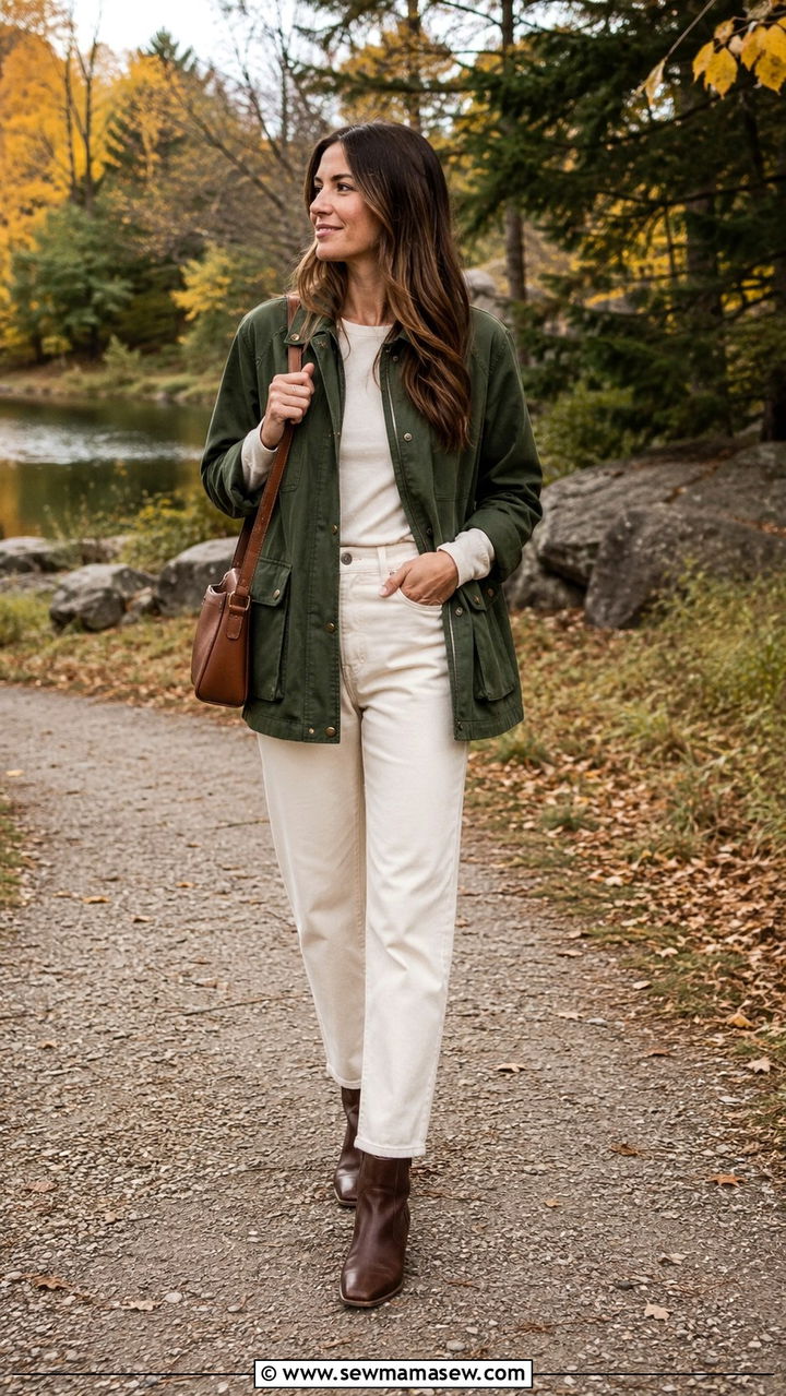 Hunter green utility jacket with cream jeans and brown boots - 35 Hunter green outfit ideas