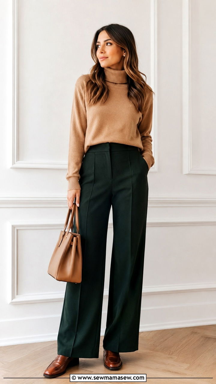 Hunter green wide leg trousers with camel turtleneck - 35 Hunter green outfit ideas