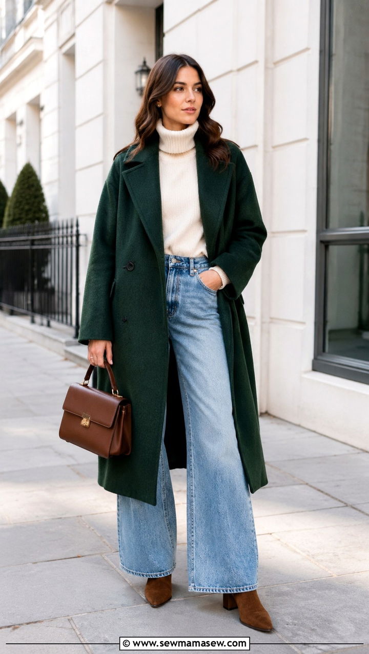 Hunter green wool coat with wide leg jeans and brown suede boots - 35 Hunter green outfit ideas