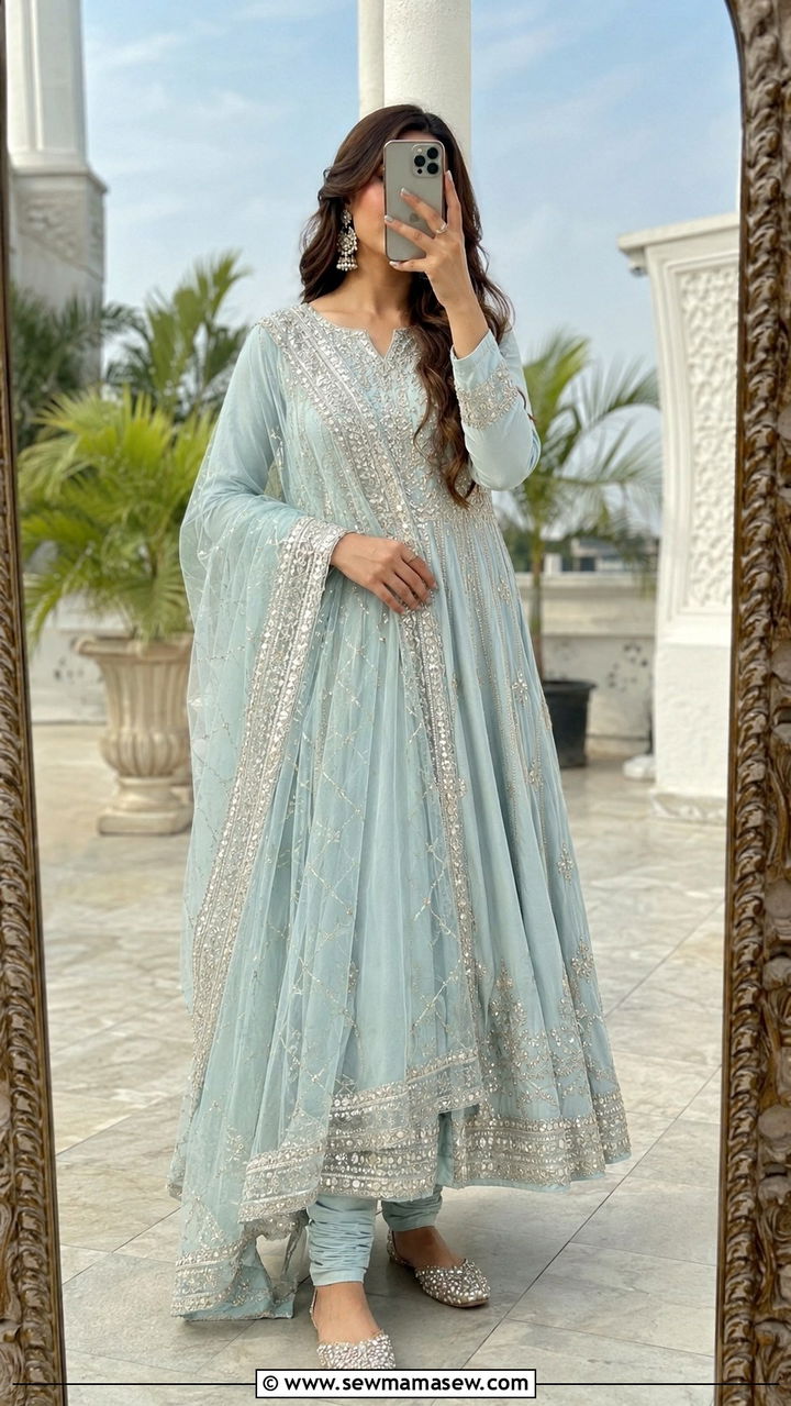 Ice Blue Anarkali With Churidar And Dupatta - 25 Modest outfit ideas for Walima
