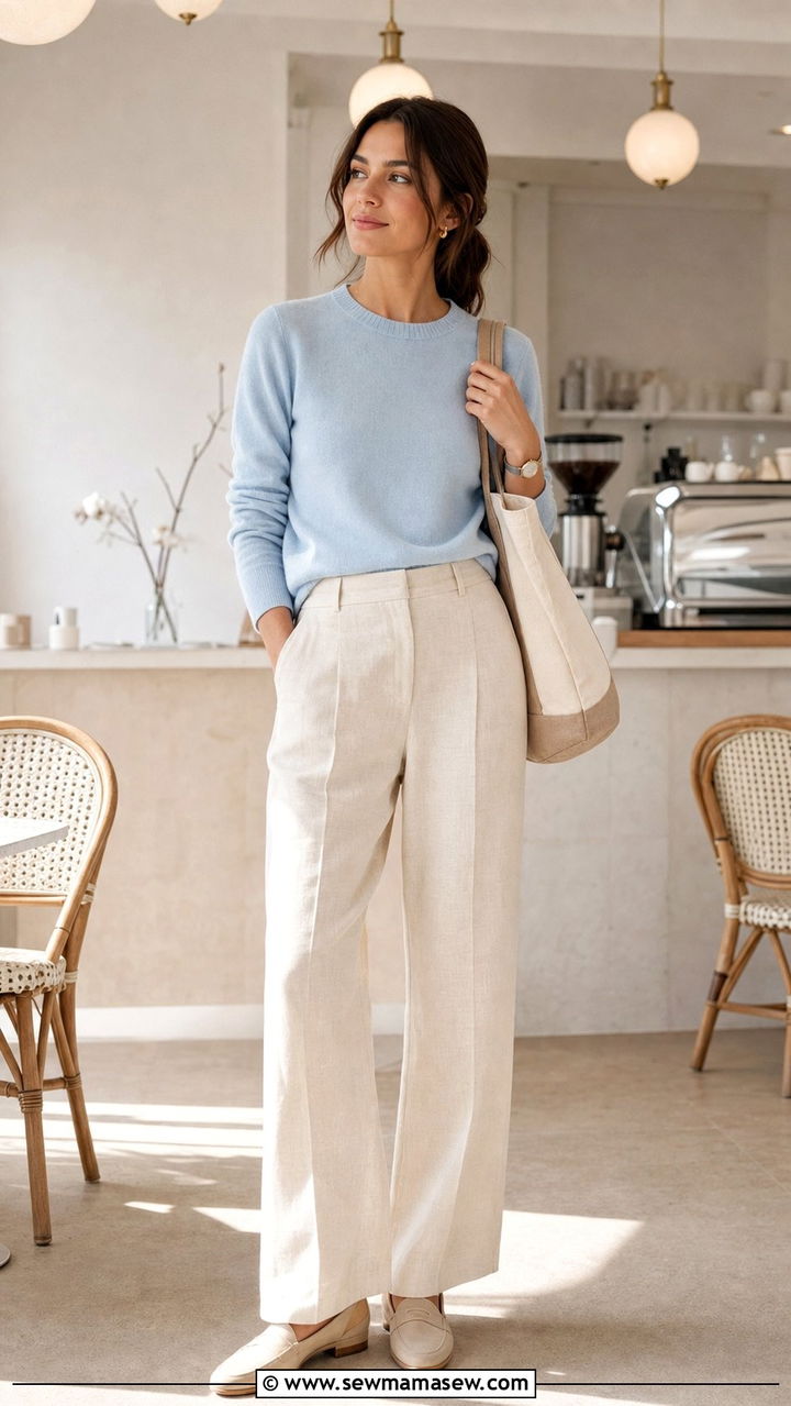 Ice Blue Cashmere Crewneck And Ecru Linen Trousers - 25 spring ice blue outfit ideas