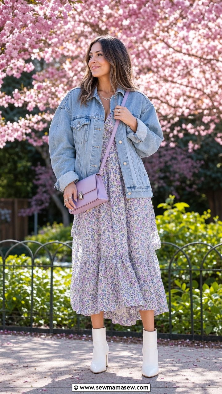 Ice Blue Denim Jacket And Floral Print Midi Dress - 25 spring ice blue outfit ideas