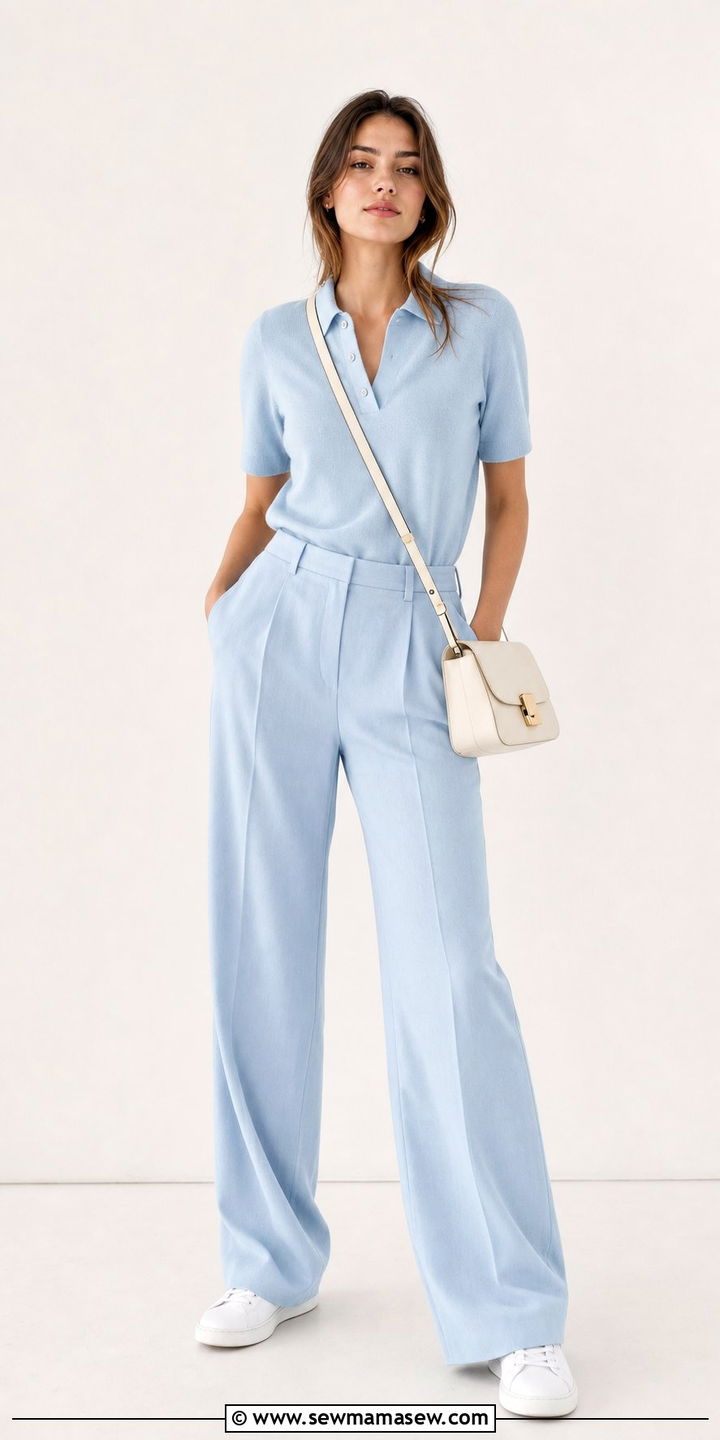 Ice Blue Knit Polo And Tailored Trousers - 25 spring ice blue outfit ideas