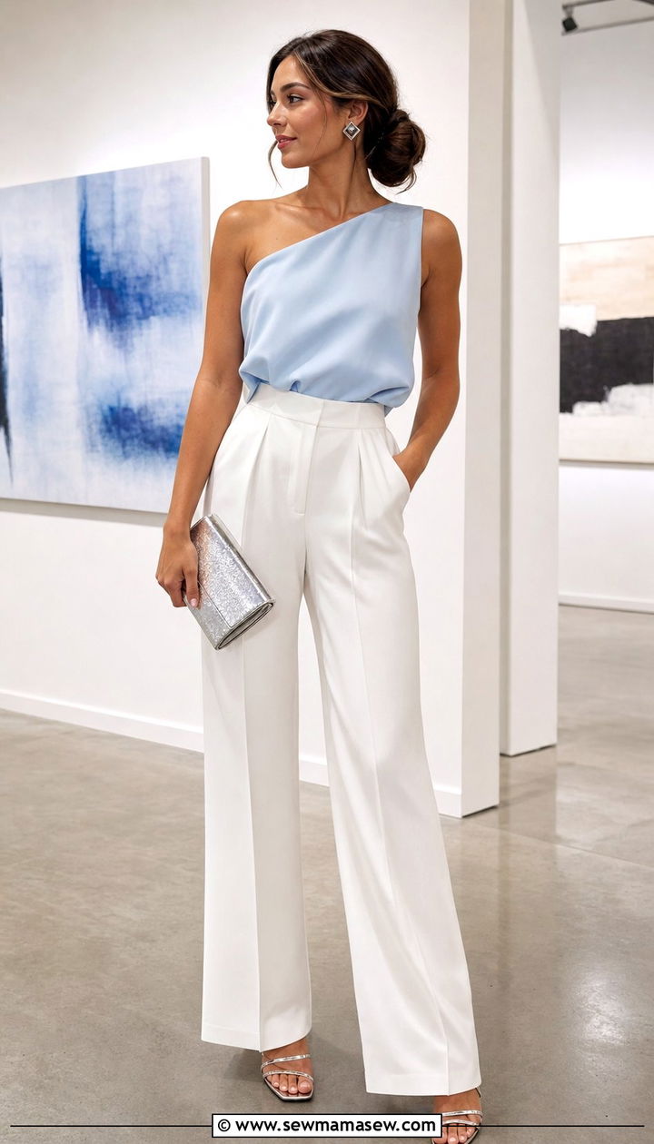 Ice Blue One Shoulder Top With Wide Leg White Trousers - 25 summer ice blue outfit ideas