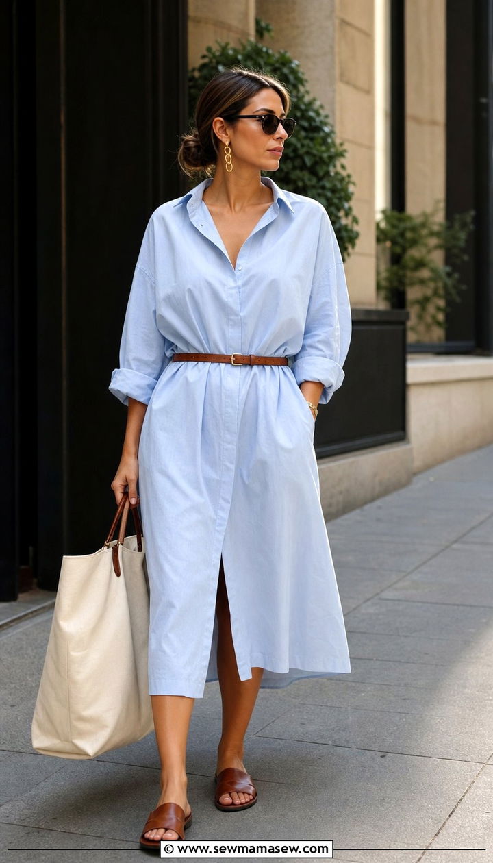 Ice Blue Oversized Shirt Dress With Leather Slides - 25 summer ice blue outfit ideas
