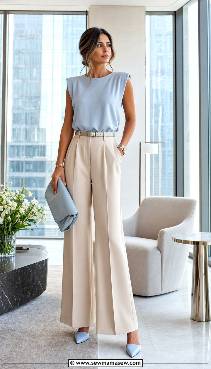 Ice Blue Padded Shoulder Tank And High Waisted Trousers - 25 spring ice blue outfit ideas