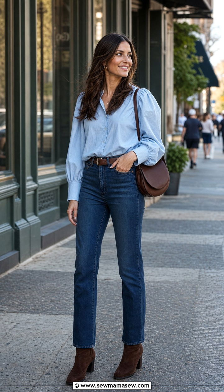 Ice Blue Puff Sleeve Blouse And Dark Wash Jeans - 25 spring ice blue outfit ideas