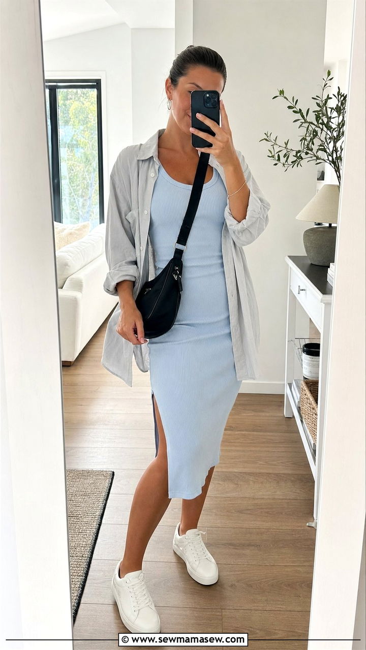 Ice Blue Ribbed Tank Dress With White Sneakers - 25 summer ice blue outfit ideas