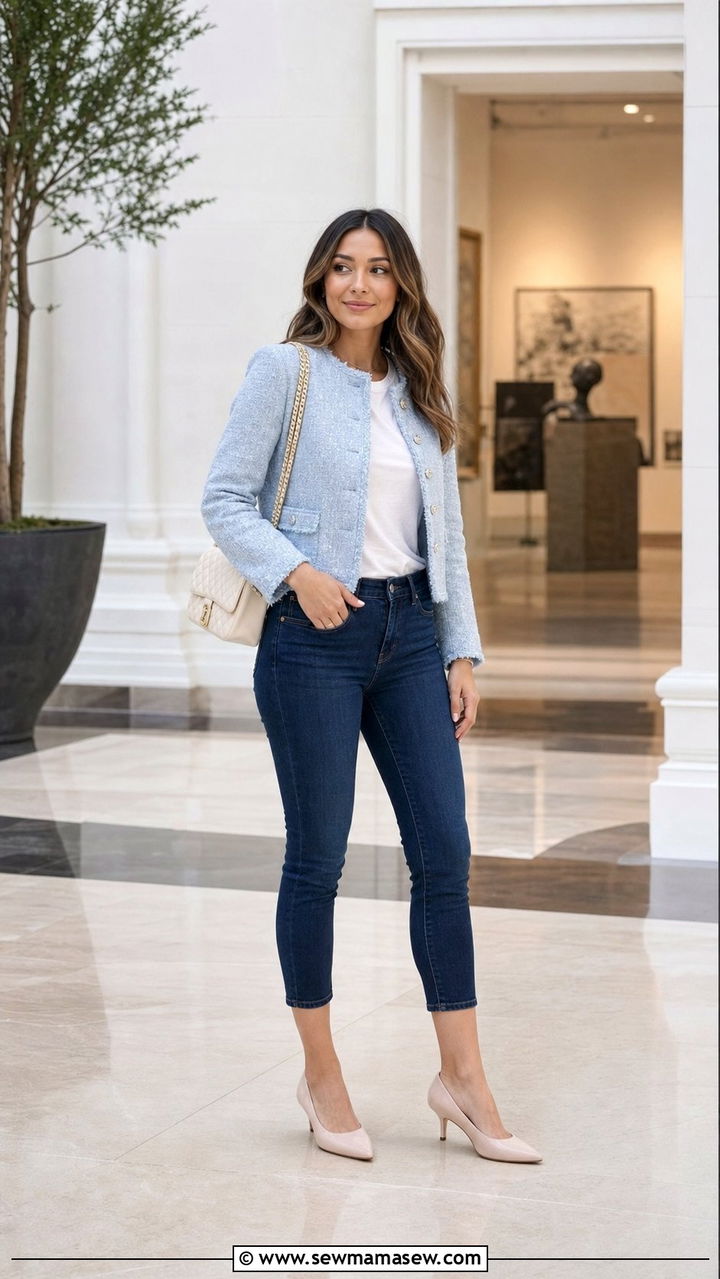 Ice Blue Tweed Jacket And Dark Cropped Jeans - 25 spring ice blue outfit ideas