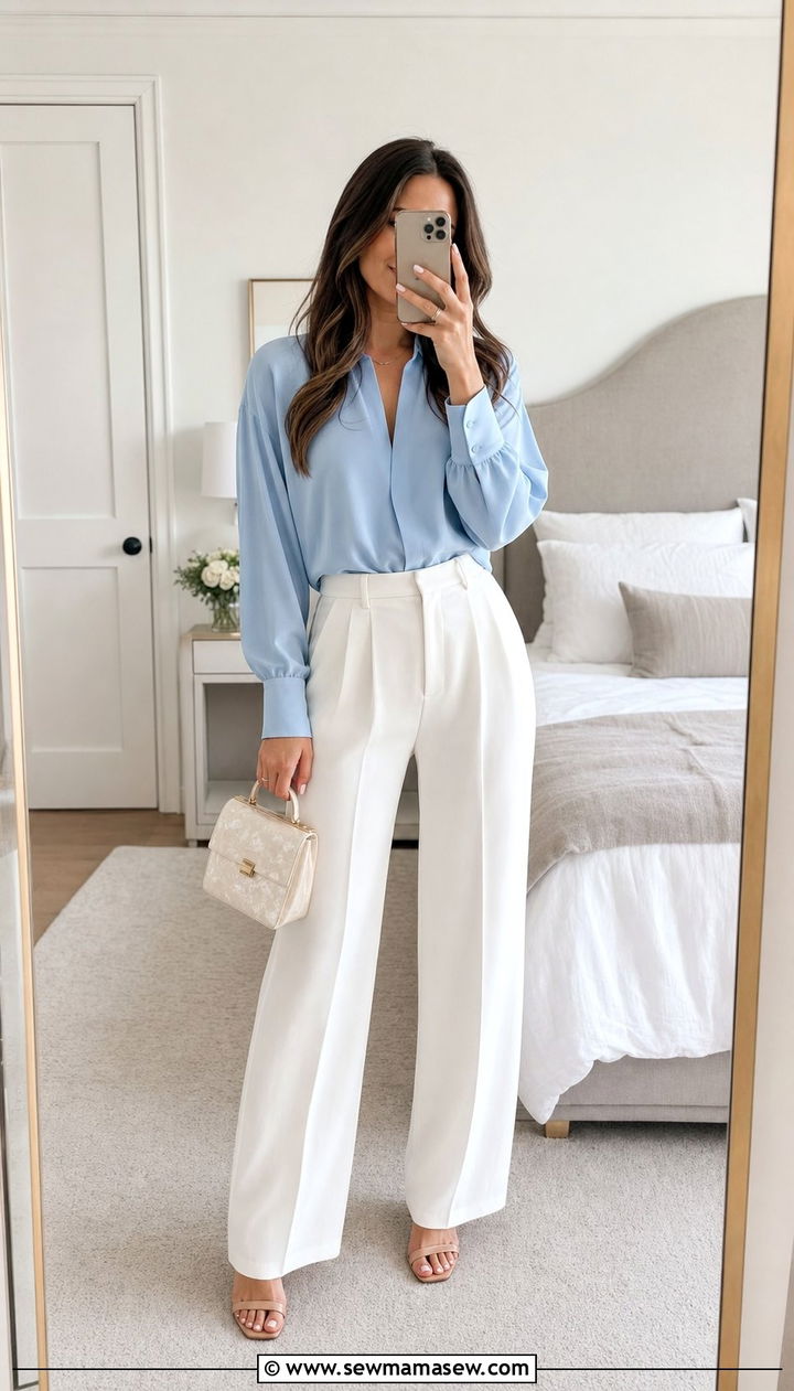 Icy Blue Blouse With White Wide Leg Pants Outfit - 25 spring warm weather outfit ideas