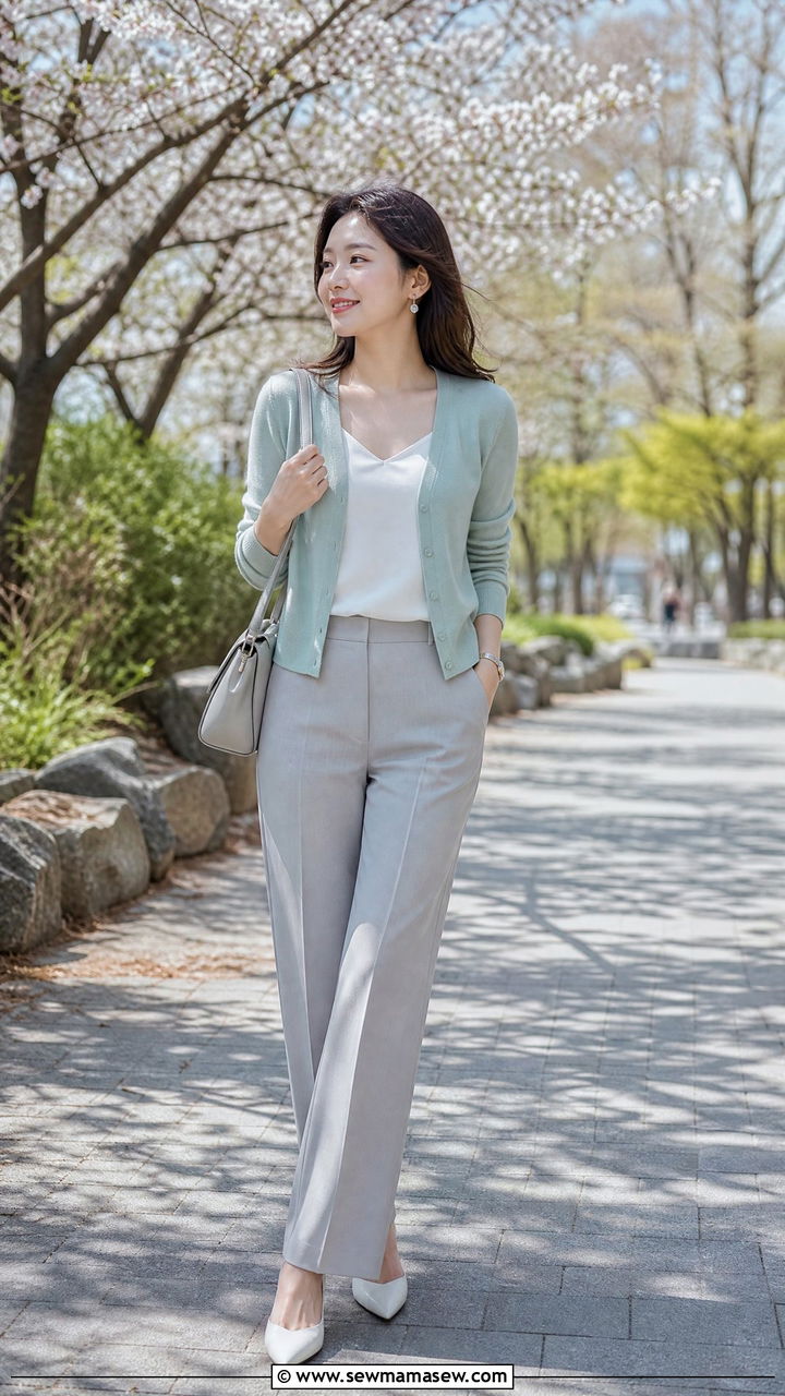 Icy Mint Green Cardigan White Cami And Light Gray Trousers - 30 Cool tone outfit ideas