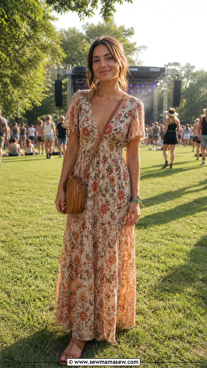 Indie concert outfit with floral maxi dress and sandals - 40 concert outfits