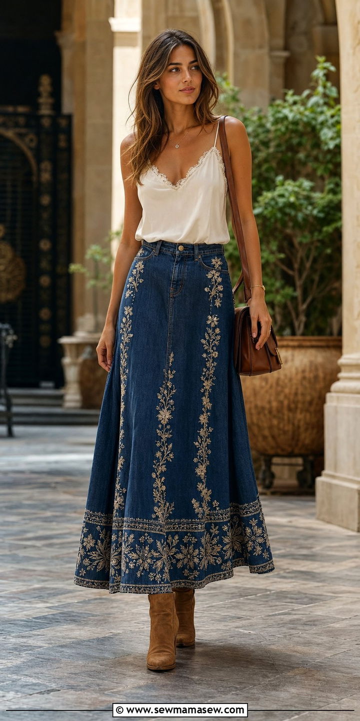 Indigo Denim Maxi Skirt with Ivory Silk Camisole - 35 Boho summer outfit ideas 2026