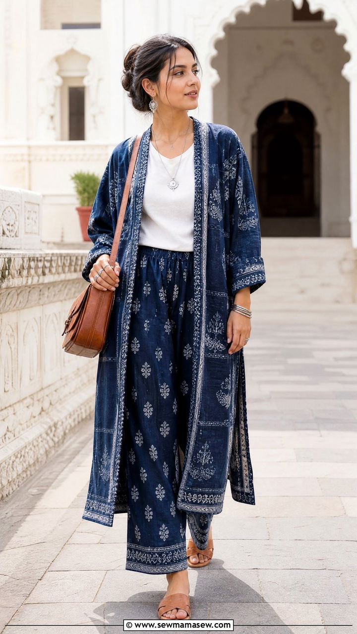 Indigo Ethnic Print Kimono and Trousers Set - 25 Kimono matching set outfit ideas