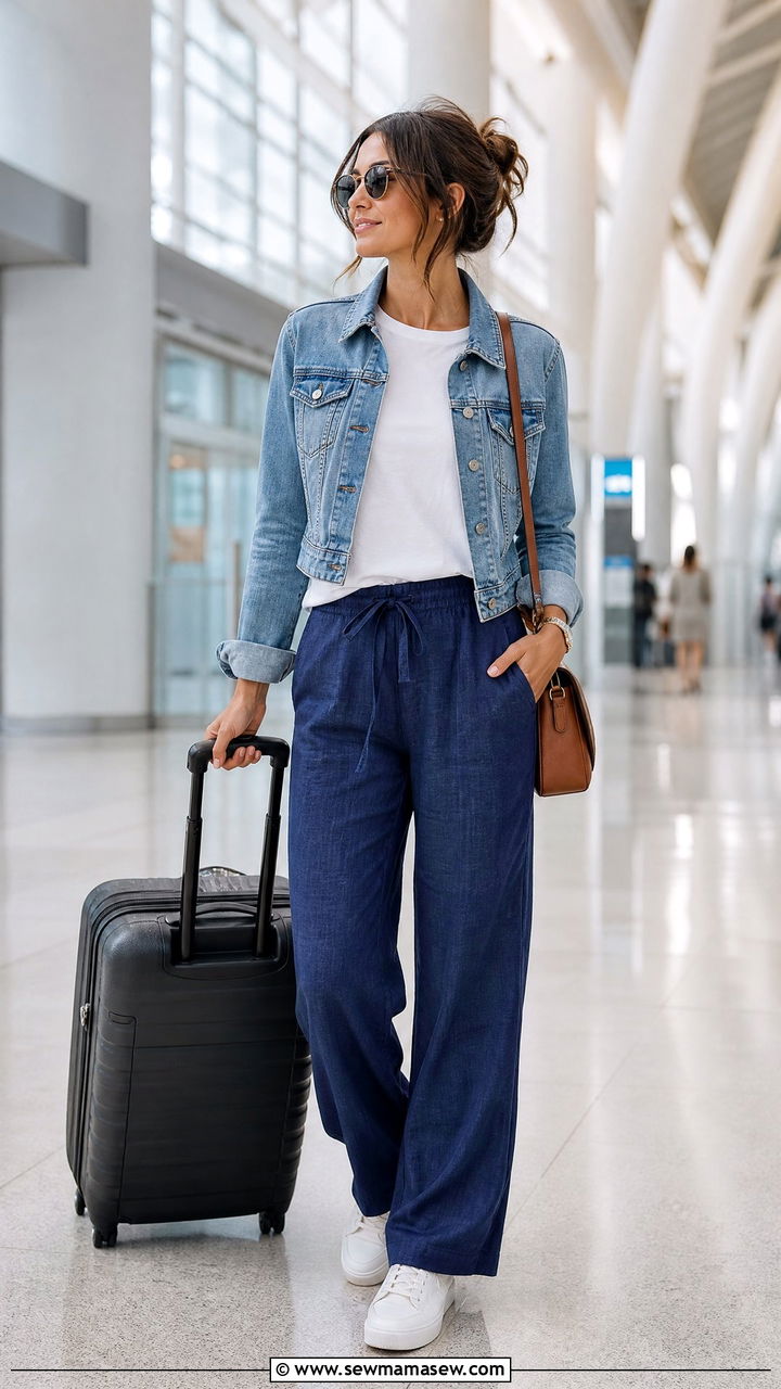 Indigo Linen Pants With Cropped Denim Jacket and White Sneakers - 25 Spring outfits with linen pants
