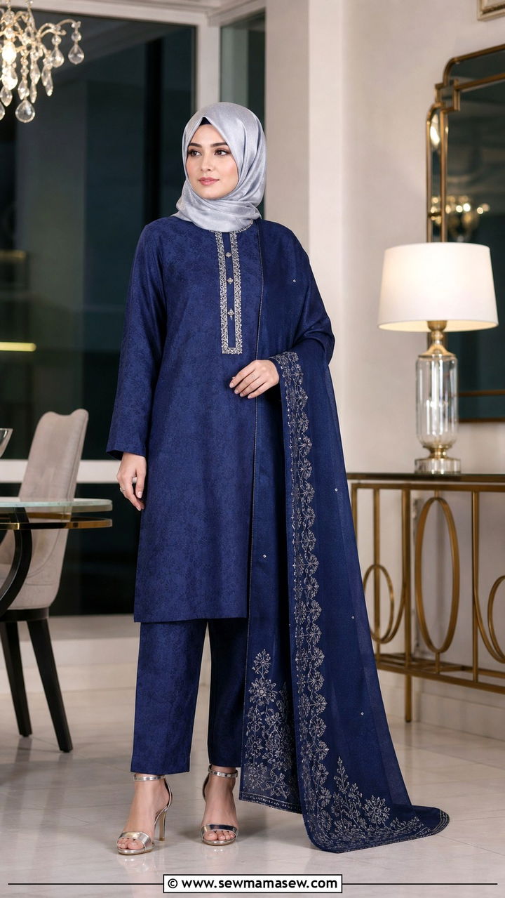 Indigo Straight Pant Suit With Embroidered Dupatta - 40 Eid outfit ideas for women