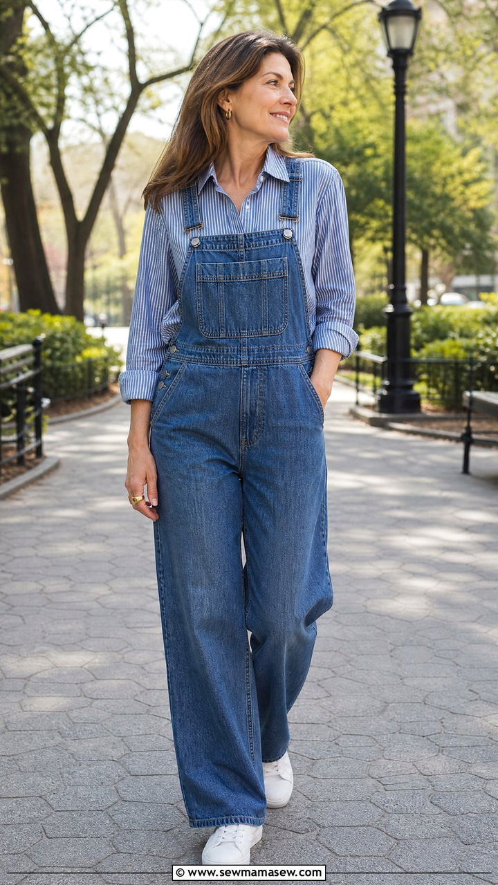 Indigo chambray overalls with a pinstripe tailored shirt - 30 Elevated casual outfit ideas for women over 40