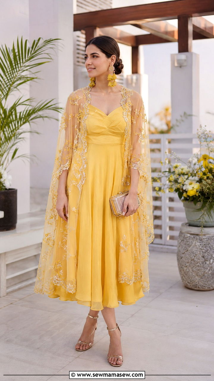 Indo Western Cape Dress With Tassel Earrings - 20 Wedding guest outfit ideas Haldi ceremony