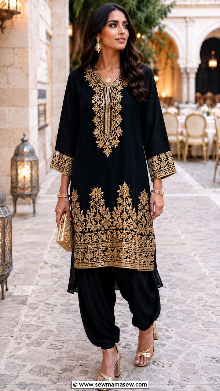 Ink Black Sharwal Pants with Embellished Longline Tunic - 25 Wedding guest outfit ideas Moroccan wedding