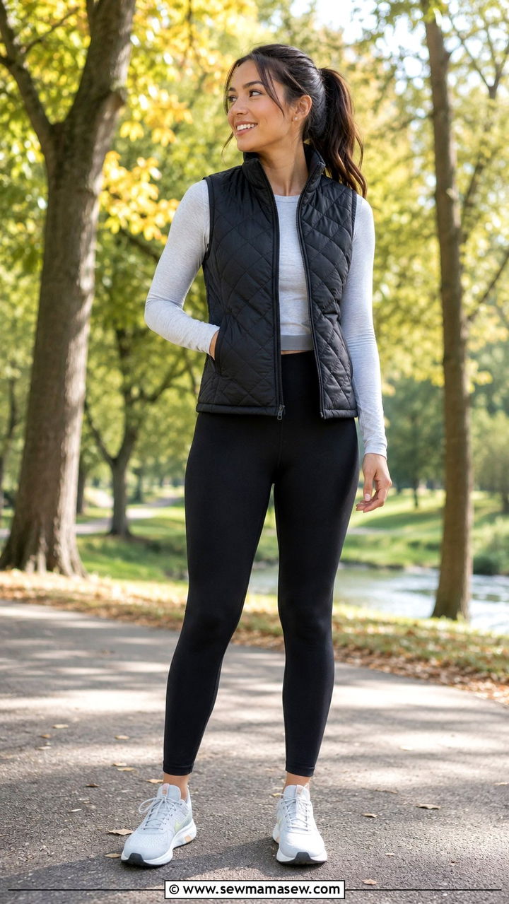 Insulated vest and long sleeve top with leggings - 30 Running outfit ideas for beginners