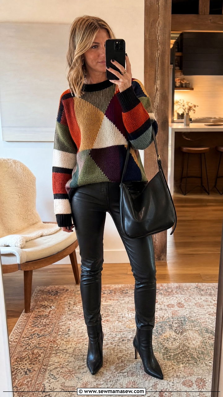 Intarsia Knit Sweater and Leather Pants Outfit - 25 2026 outfits ideas