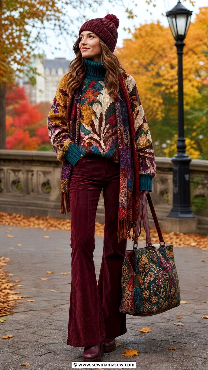 Intarsia Sweater with Ribbed Turtleneck and Corduroy Pants Outfit - 35 maximalist outfits aesthetic