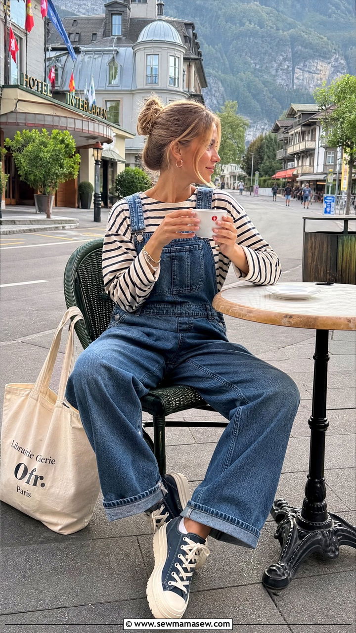 Interlaken Cafe Outfit with Slouchy Overalls and Striped Tee - 25 Interlaken outfit ideas