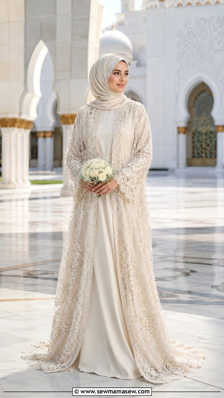 Ivory Abaya Style Gown With Lace Overlay - 25 Modest outfit ideas for Walima