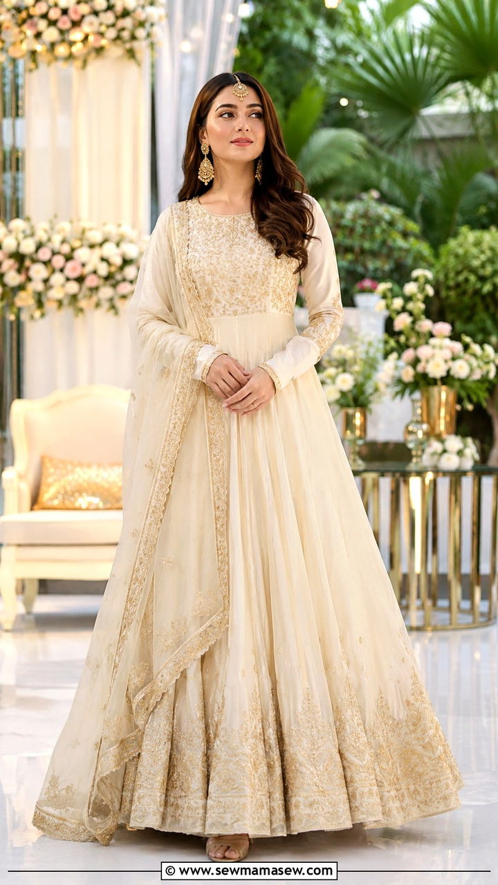 Ivory Anarkali Suit With Embroidered Dupatta - 25 Modest outfit ideas for Walima