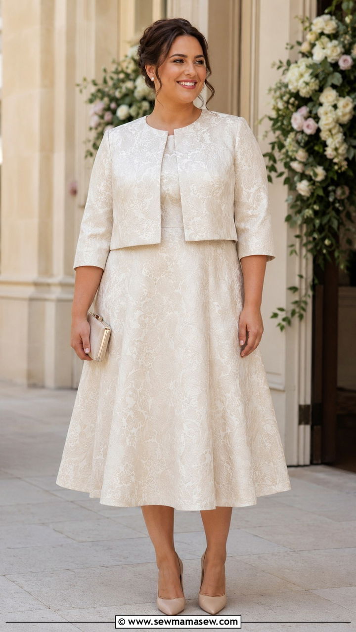 Ivory And Gold Brocade Two Piece Skirt Set With Pearl Accessories - 25 Wedding guest outfit ideas size 22