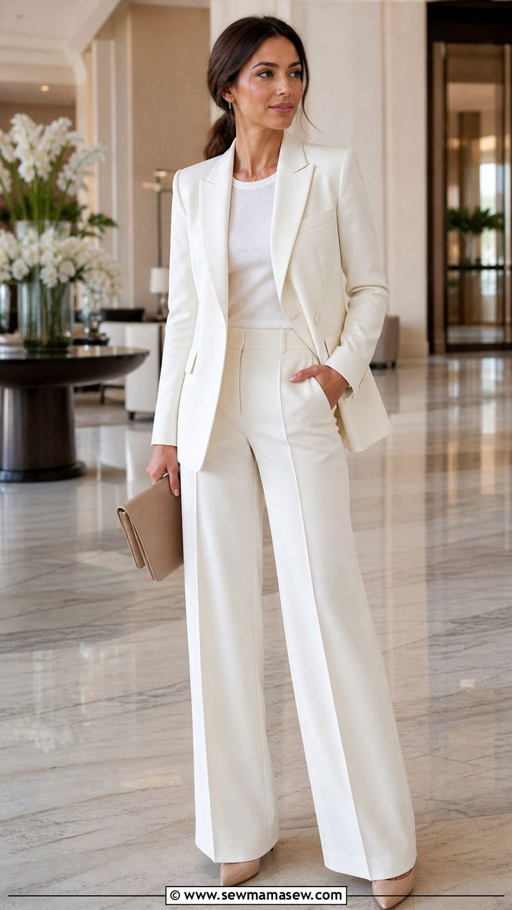 Ivory Blazer With Matching Wide Leg Trousers - 40 blazer outfit ideas for women