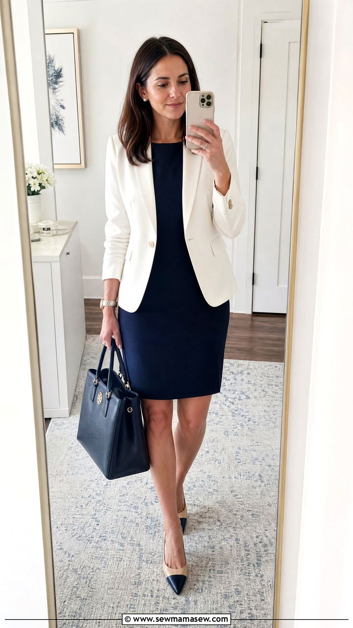 Ivory Blazer with Navy Shift Dress and Two Tone Pumps - 30 job interview outfits for women over 40