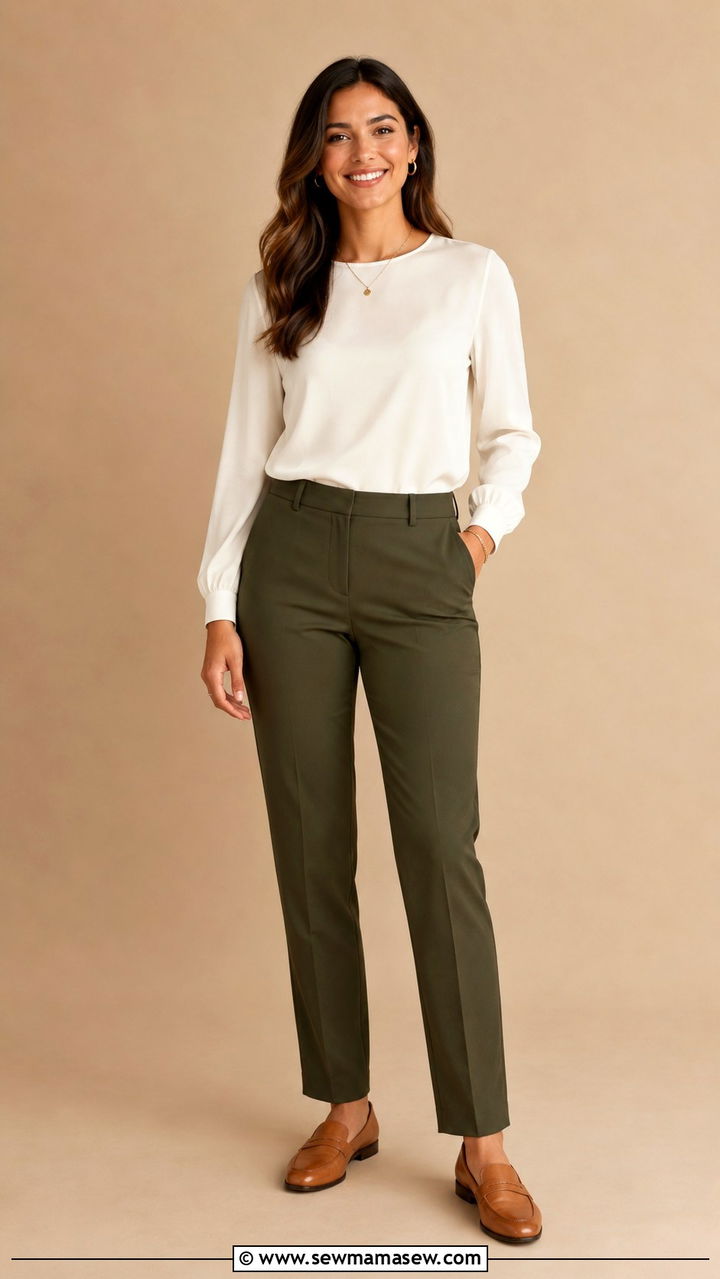 Ivory Blouse with Olive Green Trousers - 30 Professional headshot outfit ideas for women
